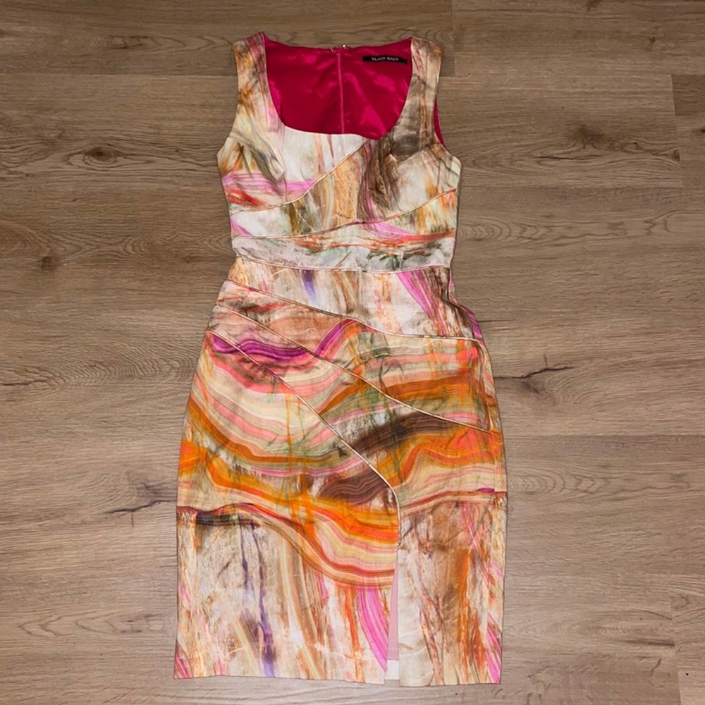 Black Halo Marbled Cocktail Dress front slit marbled design fully lined Sz 0